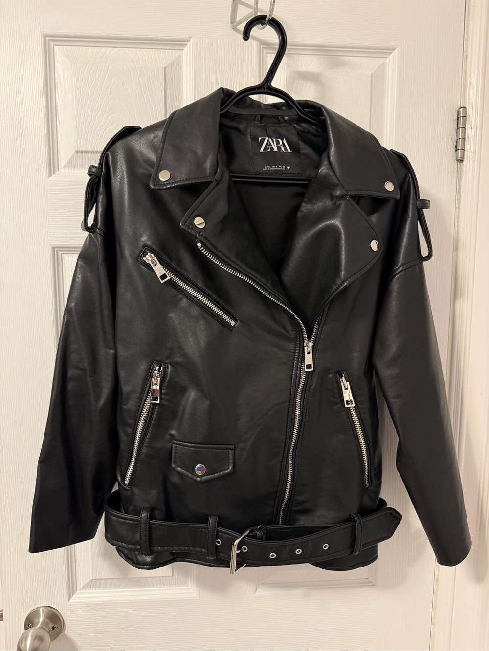 ZARA Black Faux Leather Moto Jacket with Belt
